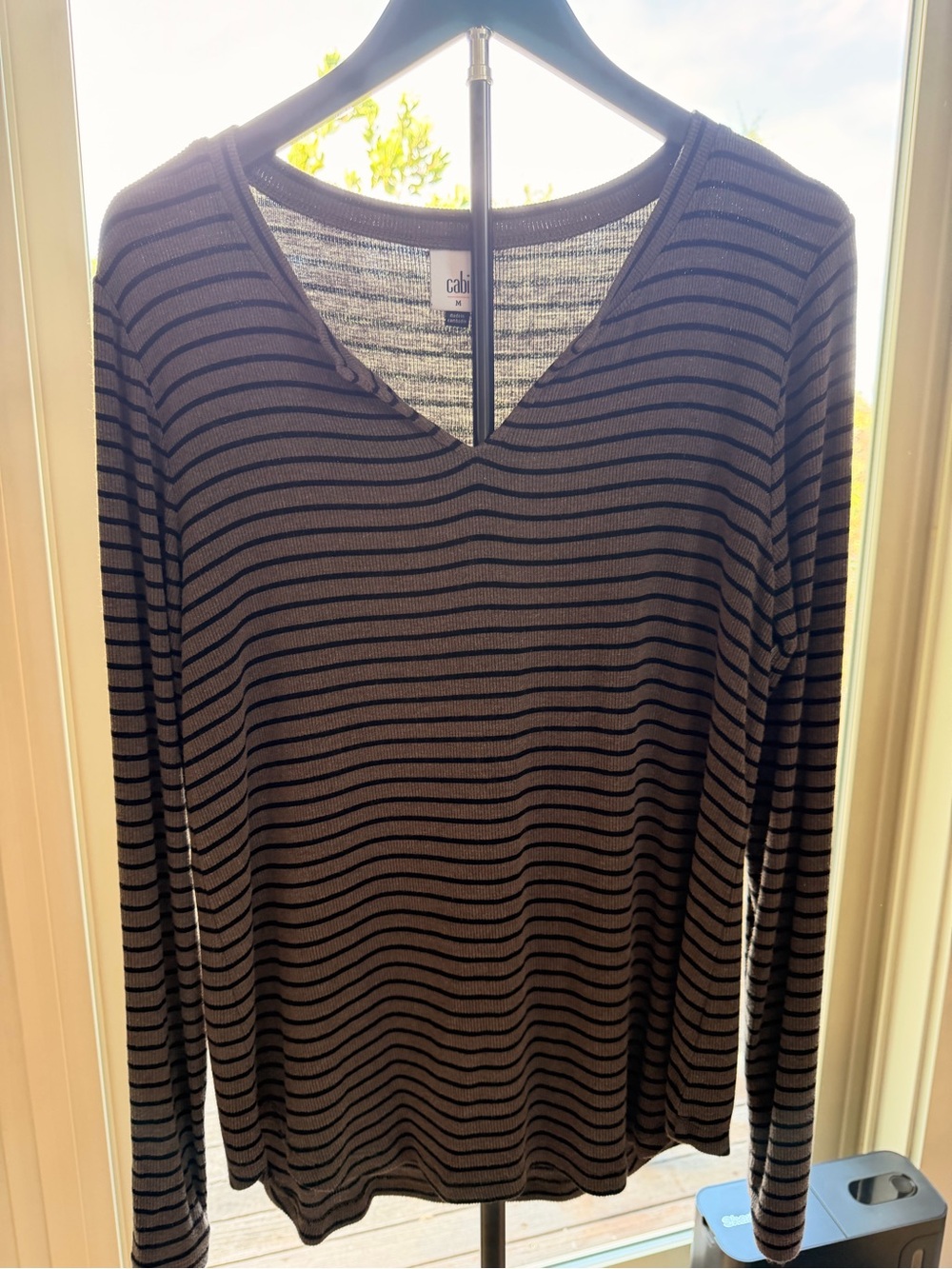 CAbi Gray and Black Striped V-Neck Long Sleeve Tee